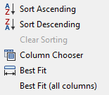 The columns' shortcut menu has options for choosing, sorting, and fitting columns in the dialog.